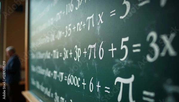 Obraz Mathematical equations on a blackboard featuring Pi symbol for Pi Day with a blurred teacher in the background