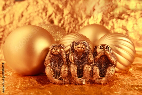 Fototapeta Morality, See no Evil Hear no Evil Speak no Evil, Monkey, Three Objects, Ape gold Christmas balls
