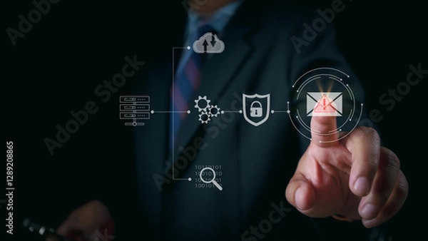 Fototapeta Email Security Warning Notification Concept. A businessman interacting with a digital screen showing email security alerts and warning notifications, cybersecurity threats. spam virus, junk mail, scam