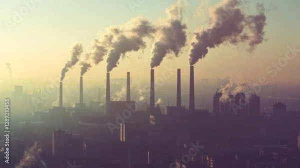Fototapeta Pollution from Industrial Stacks Emitting Smoke into Sky