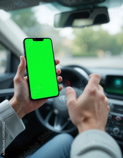 Fototapeta Hands holding a smartphone with a green mock-up screen inside a car, with a sharp foreground and blurred background, symbolizing technology and mobility.