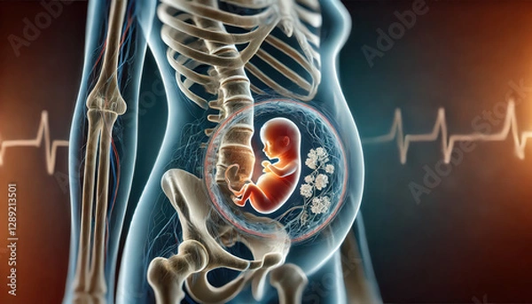 Obraz Illustration showcasing human anatomy with a fetus inside the womb, highlighting the skeletal structure and heartbeat