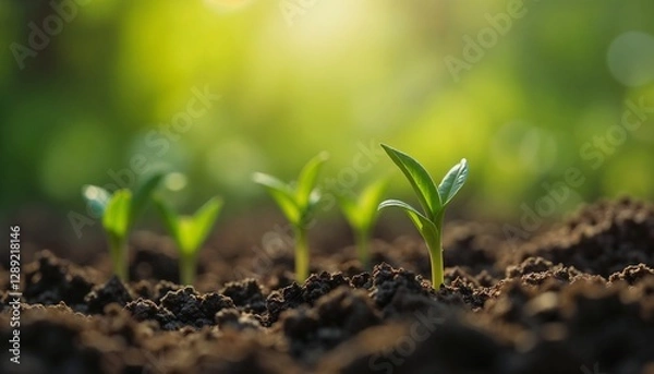 Fototapeta Sprouting seedlings in soil under soft sunlight, hopeful mood, natural background, copy space