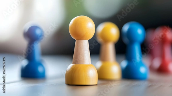 Fototapeta Colorful game pieces stand out in a vibrant composition, inviting players to engage in strategic board games. A focus on fun, teamwork, and friendly competition among friends.