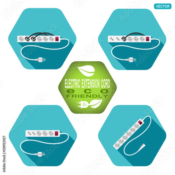 Fototapeta Vector hexagon icons set of modern electric extension cord type B with shadow on the turquoise background.