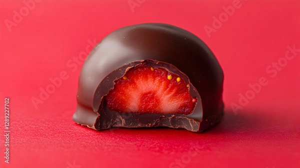 Obraz Chocolate covered half strawberry on a red background