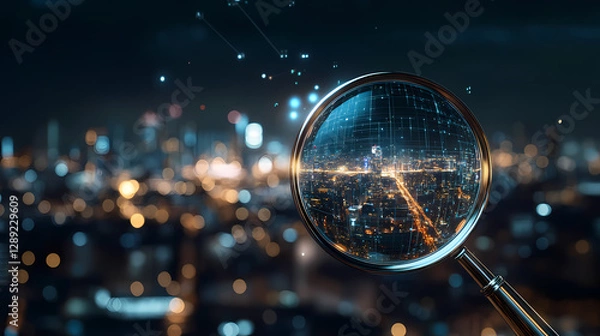 Fototapeta Magnifying glass hovering over cityscape night is lit ai-powered image recognition technology. AI-Powered Cityscape. Illustration
