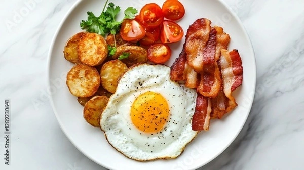 Fototapeta A gourmet English breakfast served on a fine china plate, featuring golden hash browns, crispy bacon, and a perfectly poached egg, set on a white marble background