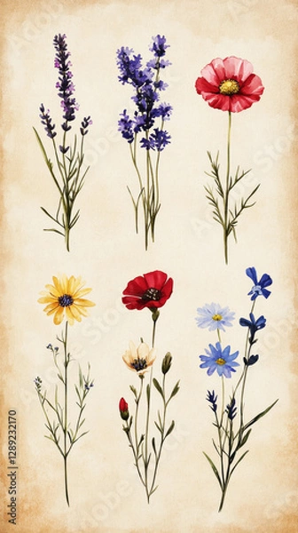 Fototapeta A vintage-inspired botanical illustration showcasing six wildflowers Lavender, Daisy, Bluebell, Poppy, Cornflower, and Edelweiss set against an old paper background, emphasizing clean minimalism