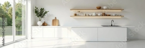 Fototapeta Bright, open white kitchen with natural light, floating shelves, sunlight, faucet
