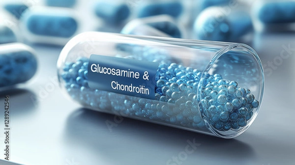 Obraz Capsules filled with glucosamine and chondroitin placed on a reflective surface in a well-lit setting, showcasing their vibrant blue color and clear container