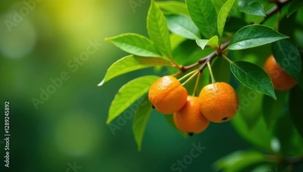 Fototapeta Lush green leaves surround vibrant oranges on a tree branch , food, macro