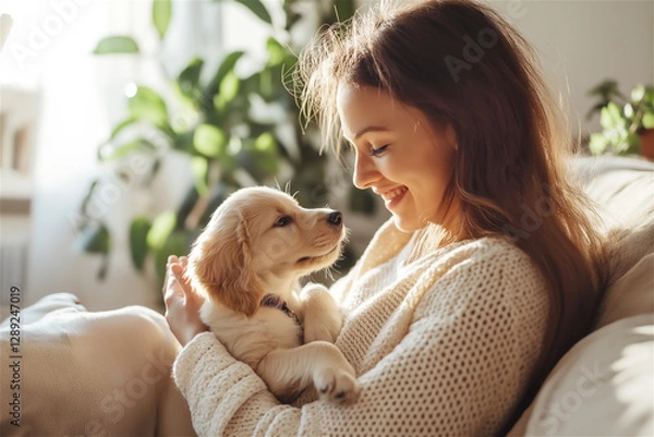 Fototapeta A woman lovingly holds her dog in her arms, showcasing affection and care. The image highlights the strong emotional connection between a pet and its owner in a cozy, intimate environment.