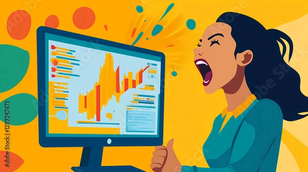 Obraz A woman cheering as she sees the graph on the monitor escalate