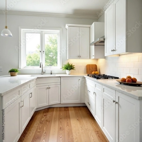 Fototapeta White shaker cabinets offset rich oak floor's natural tones , bright kitchen, wood
