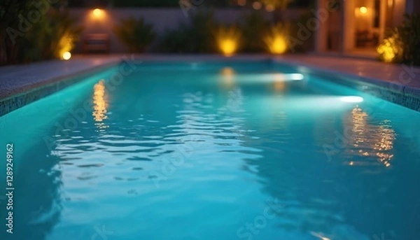 Fototapeta Clean pool illuminated by soft warm lighting at night with reflections dancing on the water. Tranquil turquoise water and inviting atmosphere for evening relaxation at poolside. Generative AI.