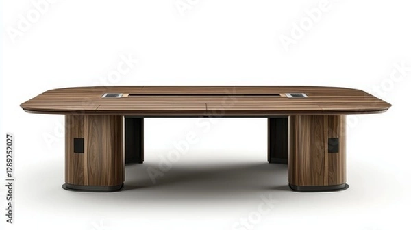 Fototapeta A modern wooden table featuring a sleek design with rounded edges and sturdy cylindrical legs, suitable for various settings.