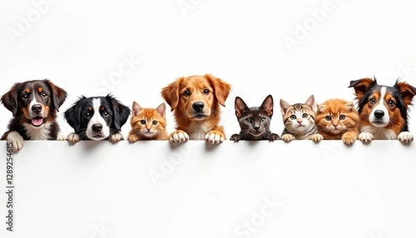 Obraz Group portrait of dogs and cats peeking over banner on transparent background. Several dog breeds and kitten breeds together looking playful. Friends pets concept, advertisement banner design.