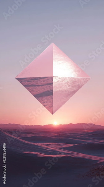 Fototapeta Surreal desert scene: single floating geometric shape, pastel palette, minimal shadows