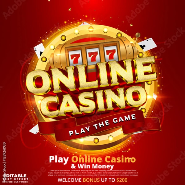 Obraz Play online casino and win money. Lucky vegas online casino gambling poster design with editable 3d text effect, poker card, and slot machine on a red background