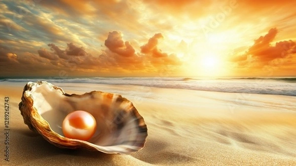Fototapeta Sunset beach pearl oyster shell treasure