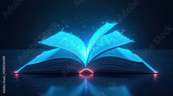 Fototapeta A modern open book with bright blue glowing pages, floating in mid-air against a futuristic dark background