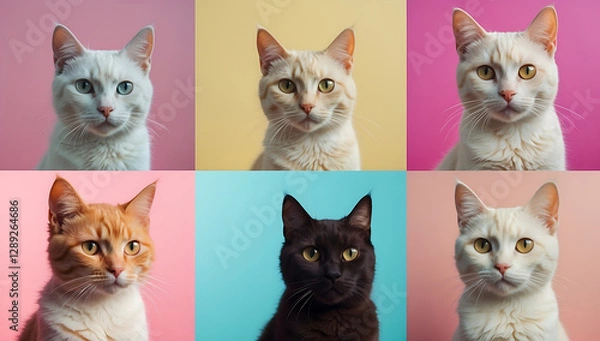 Fototapeta Six-panel digital artwork, each panel features a cat with a unique, exaggerated hairstyle, bright solid background colors, whimsical and lighthearted mood