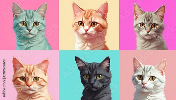 Fototapeta Six-panel digital artwork, each panel features a cat with a unique, exaggerated hairstyle, bright solid background colors, whimsical and lighthearted mood