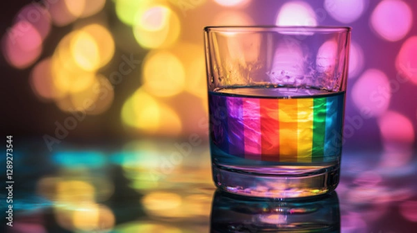 Fototapeta A Creative Macro Photograph of an LGBTQI Flag Pattern Reflected in a Glass of Water, Evoking Themes of Diversity, Clarity, and Fluidity in Identity
