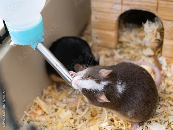 Fototapeta house mouse drinks water from a special drinking bowl. Everyday life of a small rodent in a cage. Thirst. A pet, a pest on farms and in residential buildings