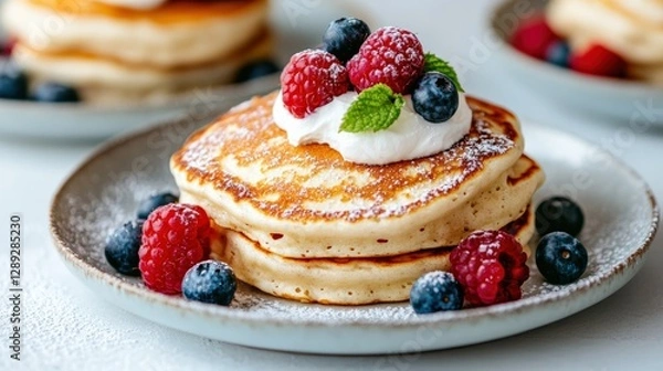 Fototapeta fluffy souffle pancakes, topped with a dollop of fresh whipped cream and assorted berries. Minimalistic white background luxurious breakfast concept, copy space
