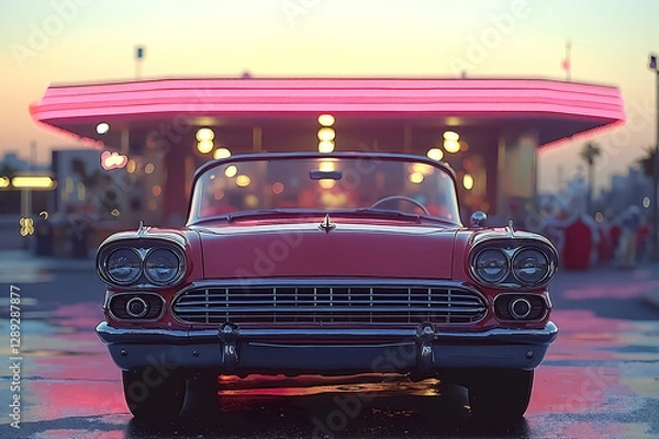 Obraz Stunning Vintage Car at Sunset with Neon Lights in Retro Gas Station Setting