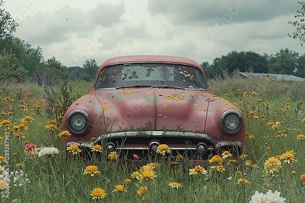Obraz Rustic Vintage Car Surrounded by Vibrant Wildflowers in Abandoned Field Setting