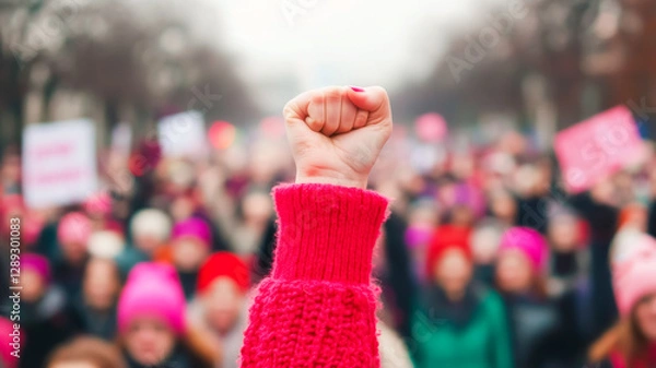 Fototapeta A raised fist in a pink sweater stands out among a crowd holding signs, symbolizing unity and protest, International Women's day