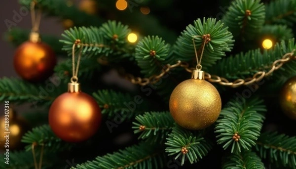 Fototapeta Golden Christmas ornaments on a garland wrapped around a festive evergreen tree, greenery, festive