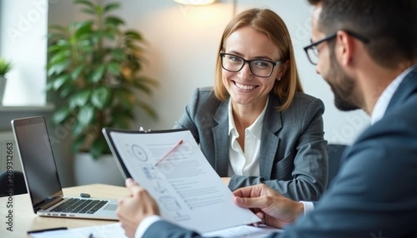 Fototapeta Friendly insurance broker assisting client with coverage options.