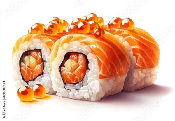 Fototapeta Delicious and Colorful Sushi Rolls with Salmon, Rice, and Fish Eggs Presented on a Bright Background for Culinary and Food Photography