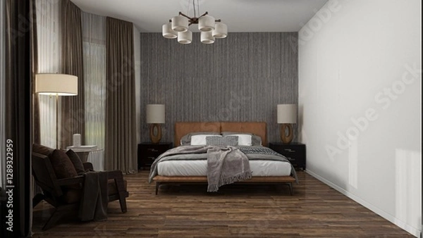 Obraz The bedroom features a sleek modern design with wooden flooring, a neutral color scheme, a comfortable bed, cozy lighting, and elegant curtains for a peaceful atmosphere