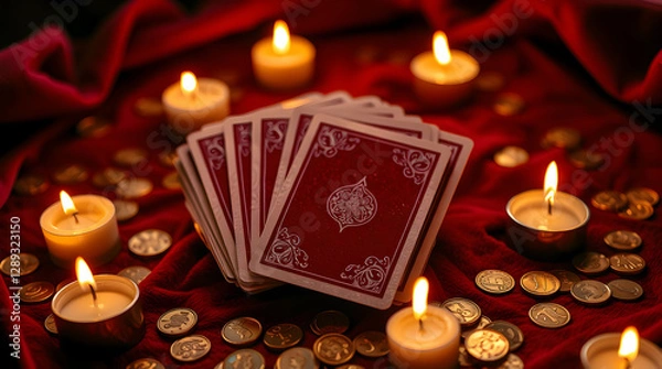 Fototapeta Lenormand oracle cards face down on a red tablecloth, surrounded by white candles and golden coins