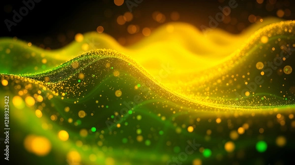 Fototapeta Abstract green waves with golden particles, symbolizing the energy of prosperity and abundance