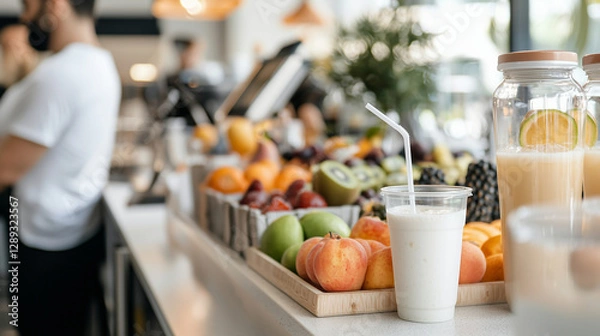 Fototapeta Fresh Juice Bar with Local Fruits and Health-Conscious Customers
