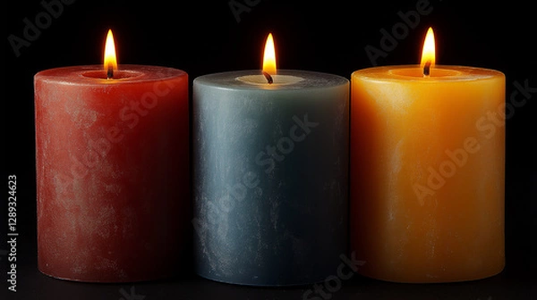 Fototapeta Three beautifully colored candles, in shades of red, blue, and yellow, flicker gently against a dark backdrop, creating a warm and serene ambiance perfect for relaxation