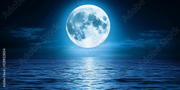 Fototapeta Full moon shining brightly over a tranquil ocean reflecting a silvery path on the water's surface under a deep blue night sky.