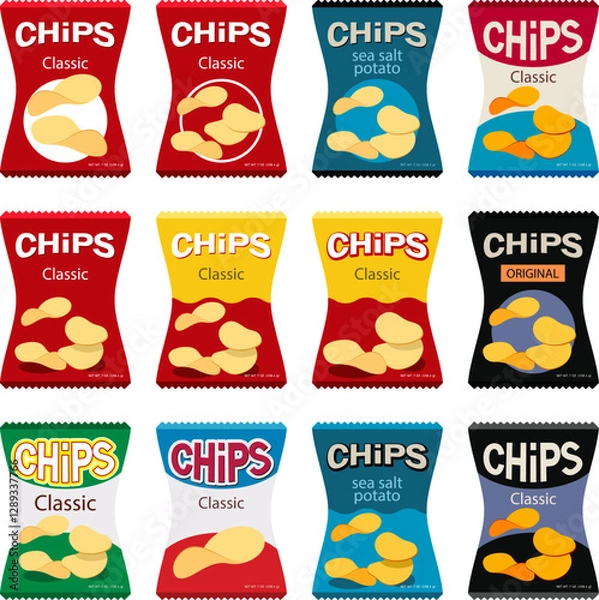 Fototapeta vector set of potato chips packages isolated on white background. snack concept. foil bags with potato snack