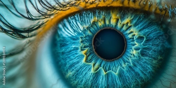 Fototapeta A stunning close-up of a vibrant blue eye. The intricate details showcase beautiful patterns and colors. Perfect for artistic projects or educational uses. AI