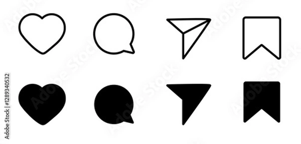 Fototapeta icons: Like, comment, share, save. social media interface icon set in line style. like, comment, share, message and save simple black style symbol sign for apps and website, vector