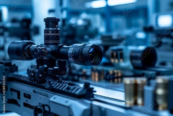 Obraz A high-tech rifle scope is mounted on a precision rifle in a well-equipped gunsmithing workshop. The space is filled with tools and ammunition, showcasing expert craftsmanship