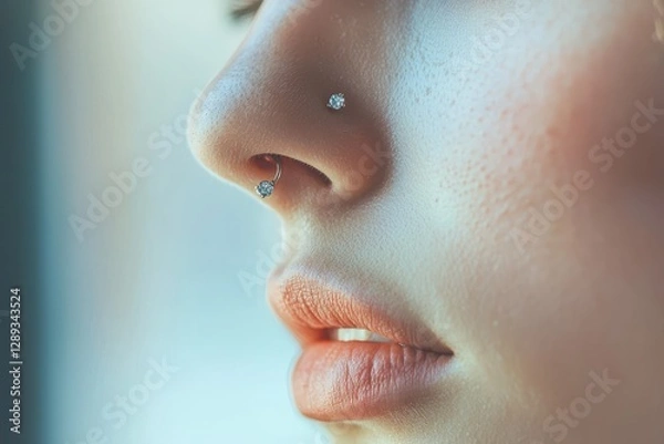 Fototapeta A close-up of a nose piercing with a tiny, diamond-studded stud, capturing the sparkle in natural light