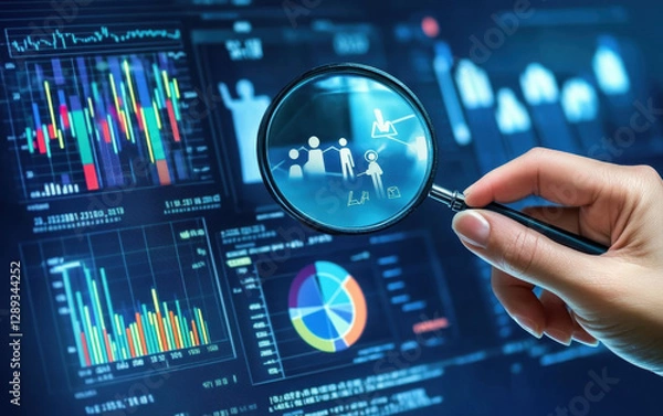 Fototapeta Digital and internet marketing analytics. Statistics data of market and customer research. Magnifying circle chart and graphs.
