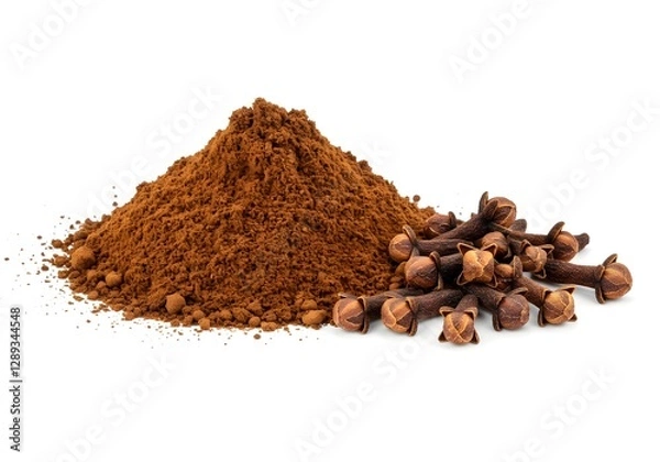 Fototapeta Ground clove powder and whole dried cloves rest on a clean white backdrop. The side-view shot showcases the deep brown hues and fine texture, emphasizing the spice’s rich, aromatic essence
